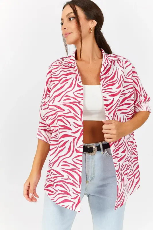 Kadın Fuşya Zebra Desen Oversize Uzun Basic Gömlek Arm-22Y001145-FUŞYA - 1