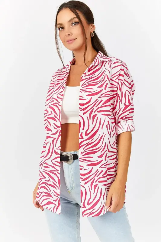 Kadın Fuşya Zebra Desen Oversize Uzun Basic Gömlek Arm-22Y001145-FUŞYA - 2