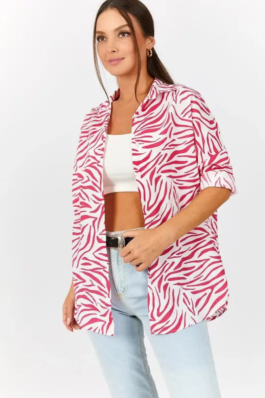 Kadın Fuşya Zebra Desen Oversize Uzun Basic Gömlek Arm-22Y001145-FUŞYA - 3
