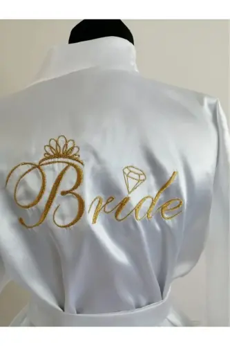 Kadın Gelin Beyaz Mini Kuşaklı Şık Taşlı Bride Sabahlık - ekru - 1