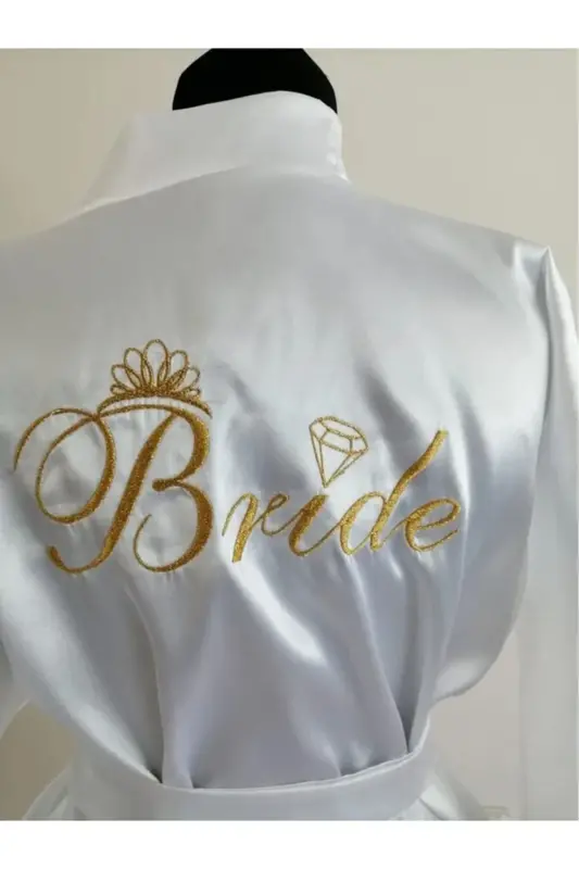 Kadın Gelin Beyaz Mini Kuşaklı Şık Taşlı Bride Sabahlık - ekru - 1