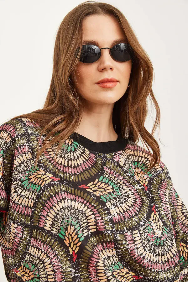 Kadın Geometrik Siyah Basic Yumuşak Dokulu Salaş Sweatshirt SWT-19000457-Geometrik Siyah - 3