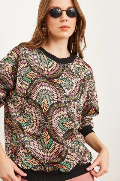 Kadın Geometrik Siyah Basic Yumuşak Dokulu Salaş Sweatshirt SWT-19000457-Geometrik Siyah - 5