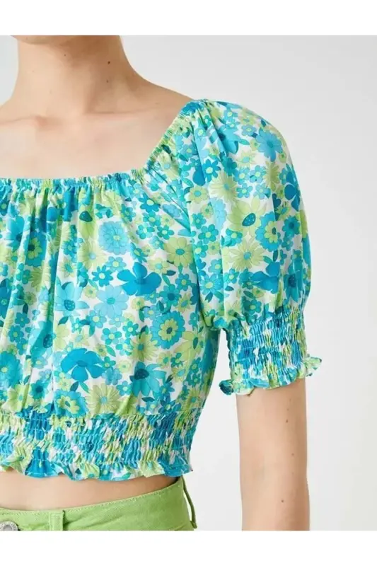 Kadın Giyim Bluz Crop Balon Kollu Gipe Detaylı 2SAK60239PW Mavi Desen Mavi Desen-Blue Desıgn - 3