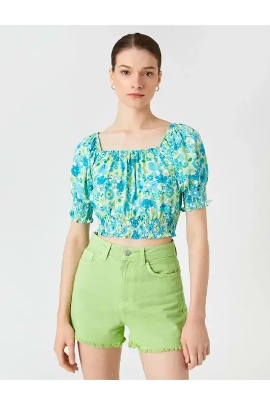 Kadın Giyim Bluz Crop Balon Kollu Gipe Detaylı 2SAK60239PW Mavi Desen Mavi Desen-Blue Desıgn - 5