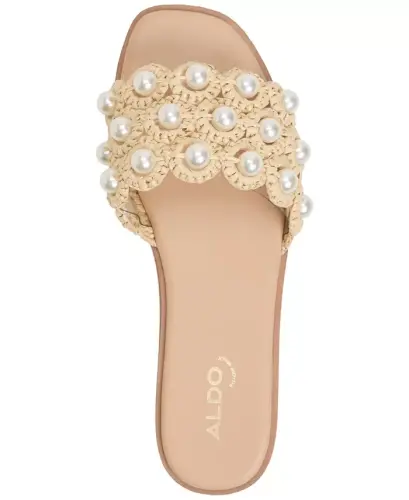 Women's Gizelle Pearl Embellished Flat Slide Sandals - Natural Woven - 4
