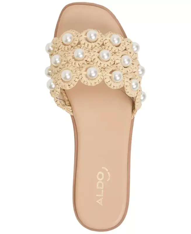 Women's Gizelle Pearl Embellished Flat Slide Sandals - Natural Woven - 4