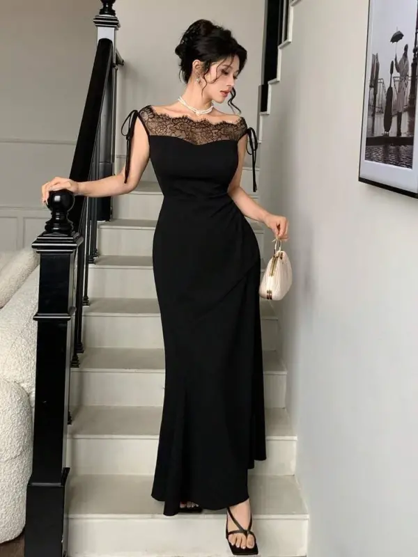 Kadın Göğüs Ve Yakası Dantel Detaylı Kayık Yaka Görünümlü Uzun Ithal Krep Elbise - 3