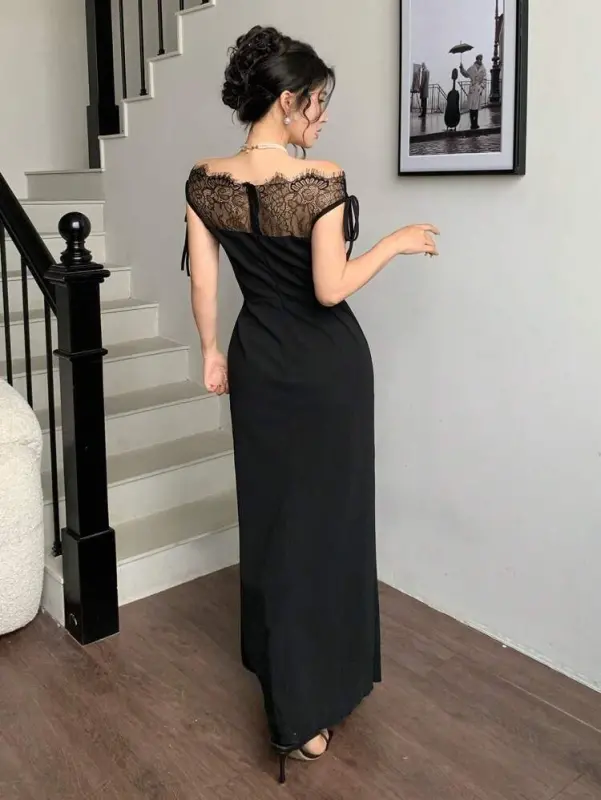 Kadın Göğüs Ve Yakası Dantel Detaylı Kayık Yaka Görünümlü Uzun Ithal Krep Elbise - 4