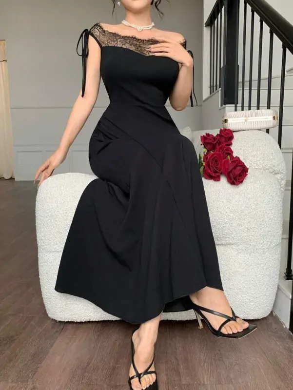 Kadın Göğüs Ve Yakası Dantel Detaylı Kayık Yaka Görünümlü Uzun Ithal Krep Elbise - 6