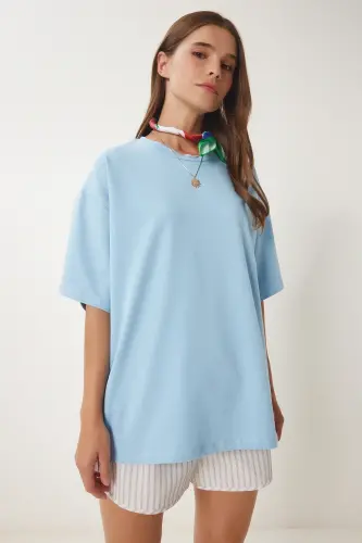 Kadın Gök Mavi Basic Oversize Örme T-Shirt HW00007-Gök Mavi - 1