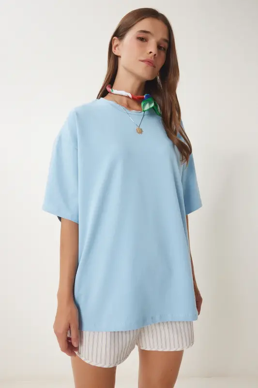 Kadın Gök Mavi Basic Oversize Örme T-Shirt HW00007-Gök Mavi - 1