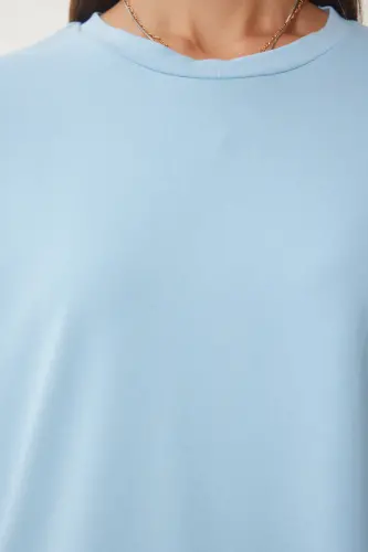 Kadın Gök Mavi Basic Oversize Örme T-Shirt HW00007-Gök Mavi - 4