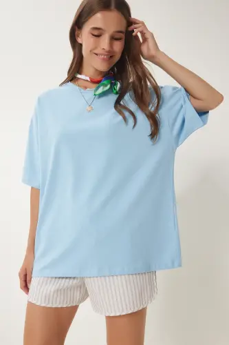 Kadın Gök Mavi Basic Oversize Örme T-Shirt HW00007-Gök Mavi - 3