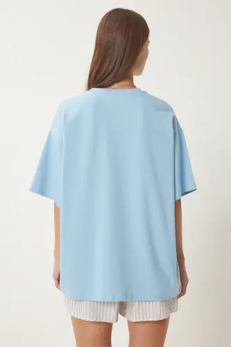 Kadın Gök Mavi Basic Oversize Örme T-Shirt HW00007-Gök Mavi - 5