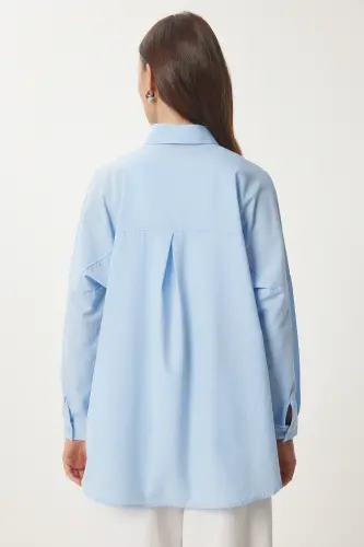 Kadın Gök Mavi Oversize Uzun Basic Gömlek DD00842 - Gök Mavi - 6
