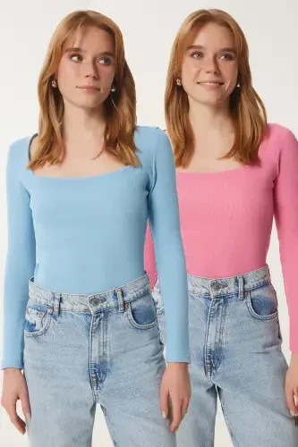 Kadın Gök Mavi Pembe Kare Yaka 2'Li Paket Örme Bluz GT00056-Gök Mavi Pembe - 1