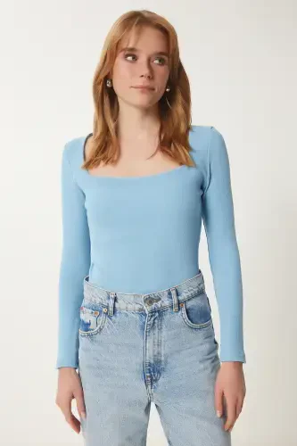 Kadın Gök Mavi Pembe Kare Yaka 2'Li Paket Örme Bluz GT00056-Gök Mavi Pembe - 2