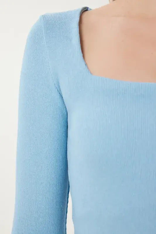 Kadın Gök Mavi Pembe Kare Yaka 2'Li Paket Örme Bluz GT00056-Gök Mavi Pembe - 4