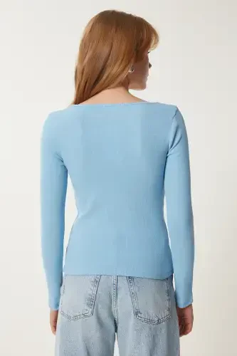 Kadın Gök Mavi Pembe Kare Yaka 2'Li Paket Örme Bluz GT00056-Gök Mavi Pembe - 5