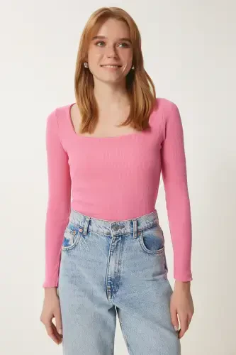 Kadın Gök Mavi Pembe Kare Yaka 2'Li Paket Örme Bluz GT00056-Gök Mavi Pembe - 6