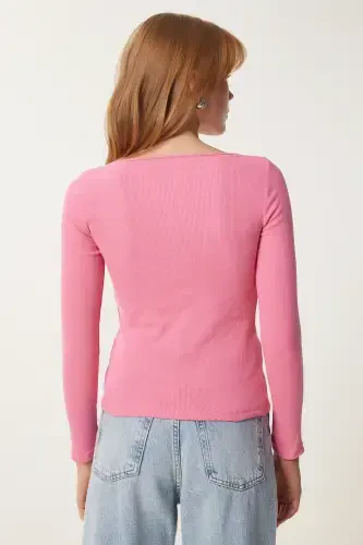 Kadın Gök Mavi Pembe Kare Yaka 2'Li Paket Örme Bluz GT00056-Gök Mavi Pembe - 8