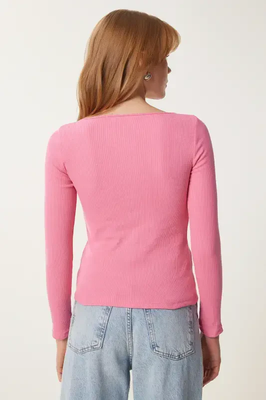 Kadın Gök Mavi Pembe Kare Yaka 2'Li Paket Örme Bluz GT00056-Gök Mavi Pembe - 8