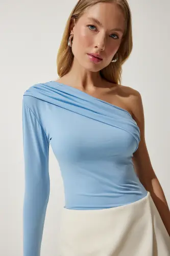 Kadın Gök Mavi Tek Omuz Büzgü Detaylı Örme Bluz ZH00032 - Gök Mavi 