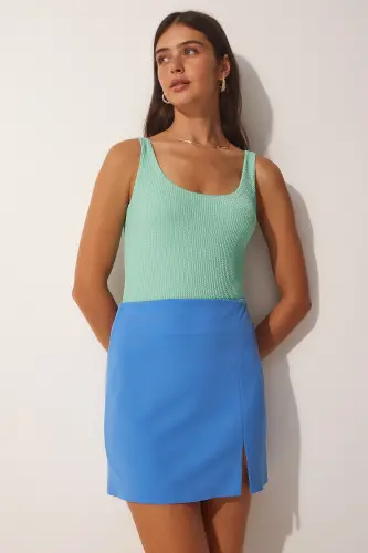 Kadın Gök Mavi Yırtmaçlı Mini Etek FN03080 - Gök Mavi - 2
