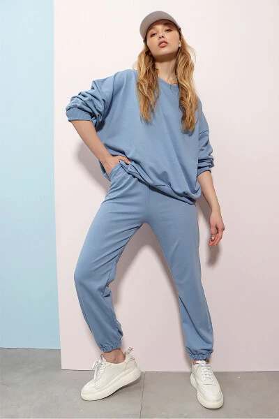 Kadın Gök Mavisi Bisiklet Yaka Bel ve Paça Lastikli İki İplik Basic Eşofman Takımı ALC-507-669-001-GÖK MAVİSİ - Modazone