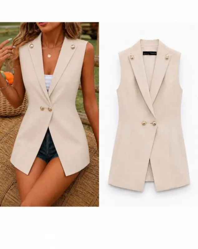 Kadın Gold Düğmeli Blazer Yaka Ceket - BÜYÜKBEDENIZ