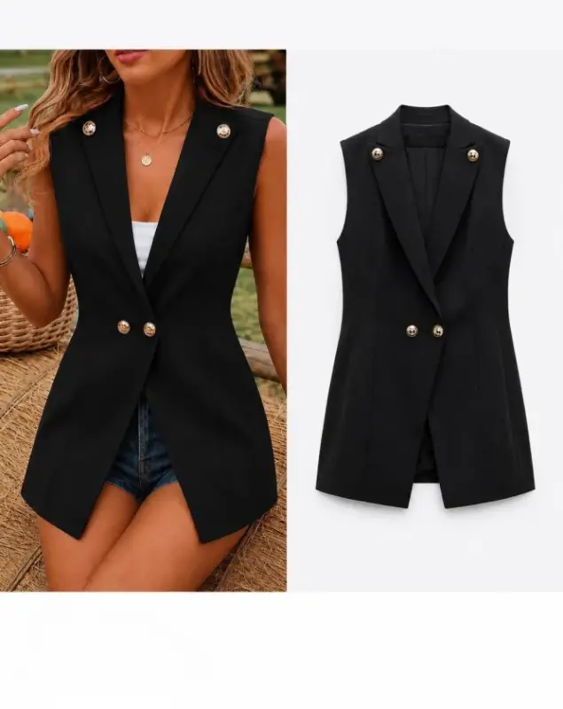 Kadın Gold Düğmeli Blazer Yaka Ceket - 1