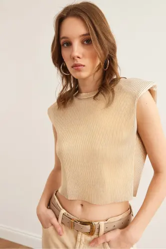 Kadın Gold Vatkalı Pilise Crop Bluz BLZ-19002890-Gold - 3