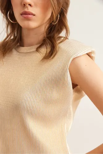 Kadın Gold Vatkalı Pilise Crop Bluz BLZ-19002890-Gold - 5