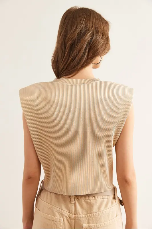 Kadın Gold Vatkalı Pilise Crop Bluz BLZ-19002890-Gold - 6