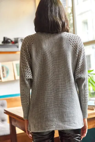 Kadın Gri Ajurlu Yarasa Oversize Triko Kazak-Gri - 5