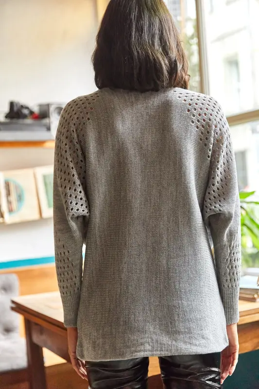 Kadın Gri Ajurlu Yarasa Oversize Triko Kazak-Gri - 5