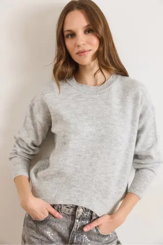 Kadın Gri Altı Oval Bisiklet Yaka Basic Triko Kazak KZK-19000914-Gri - 4