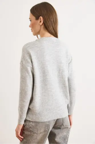 Kadın Gri Altı Oval Bisiklet Yaka Basic Triko Kazak KZK-19000914-Gri - 6