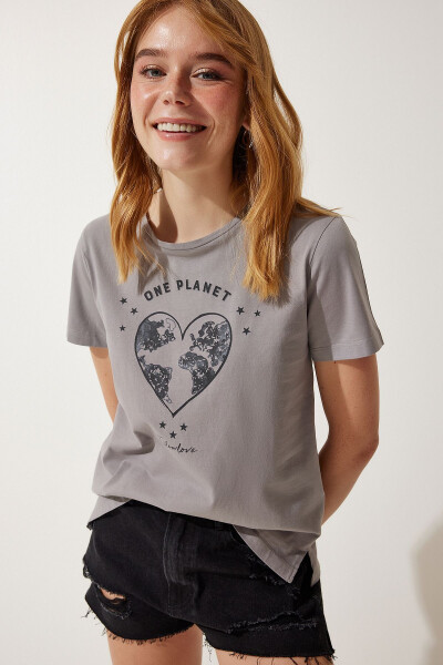 Kadın Gri Baskılı Örme T-Shirt WO00035 - 2