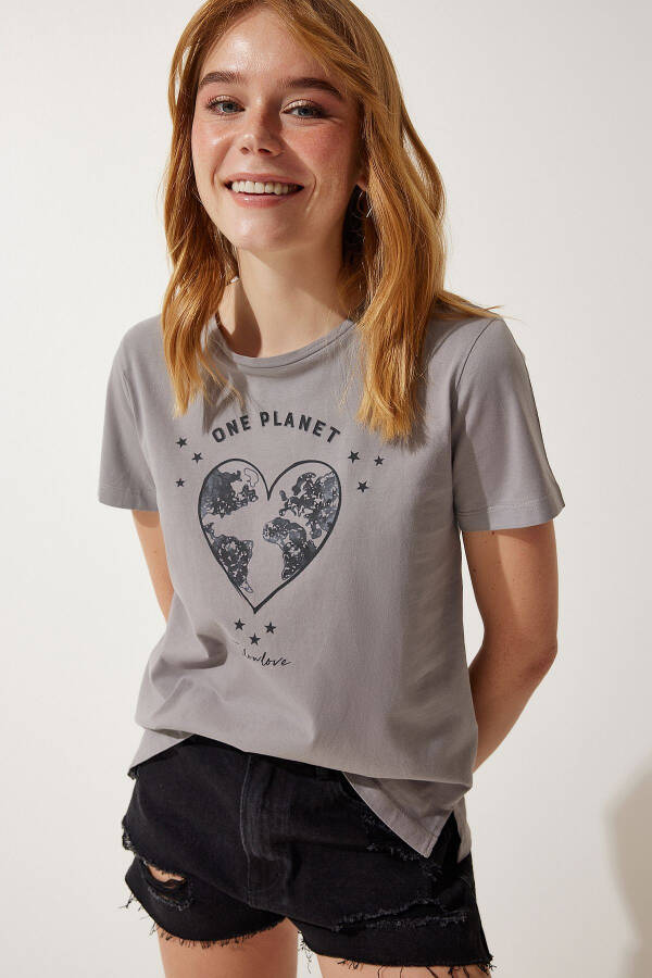 Kadın Gri Baskılı Örme T-Shirt WO00035 - 2