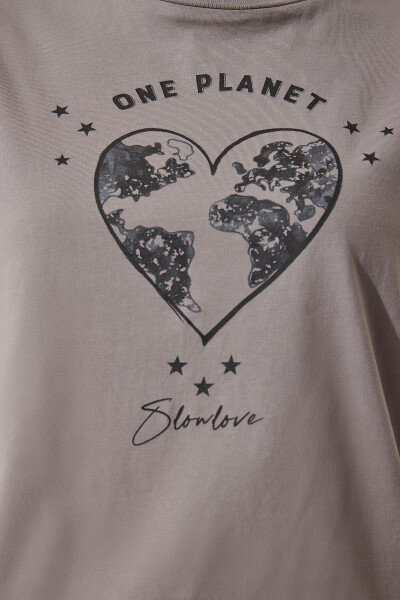 Kadın Gri Baskılı Örme T-Shirt WO00035 - 5