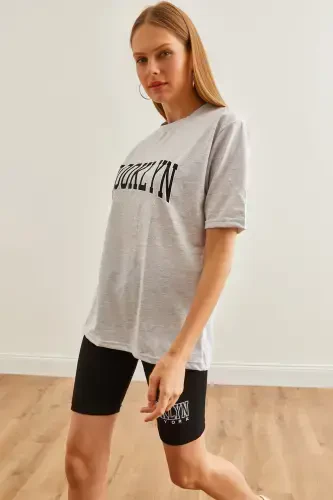 Kadın Gri Baskılı Tayt Tişört Takım TKM-19000301-Gri - 5