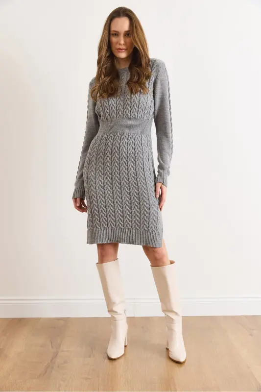 Kadın Gri Beli Bantlı Yırtmaçlı Saç Örgü Mini Elbise ELB-19002289-Gri - 2