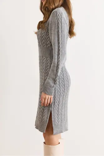 Kadın Gri Beli Bantlı Yırtmaçlı Saç Örgü Mini Elbise ELB-19002289-Gri - 4