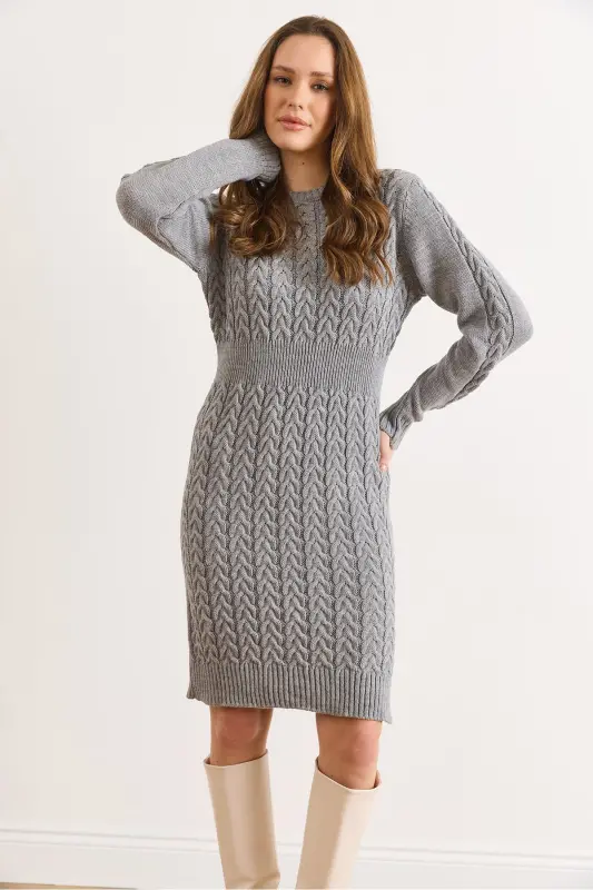 Kadın Gri Beli Bantlı Yırtmaçlı Saç Örgü Mini Elbise ELB-19002289-Gri - 5