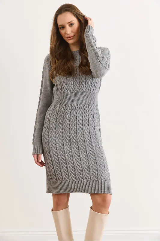 Kadın Gri Beli Bantlı Yırtmaçlı Saç Örgü Mini Elbise ELB-19002289-Gri - 6