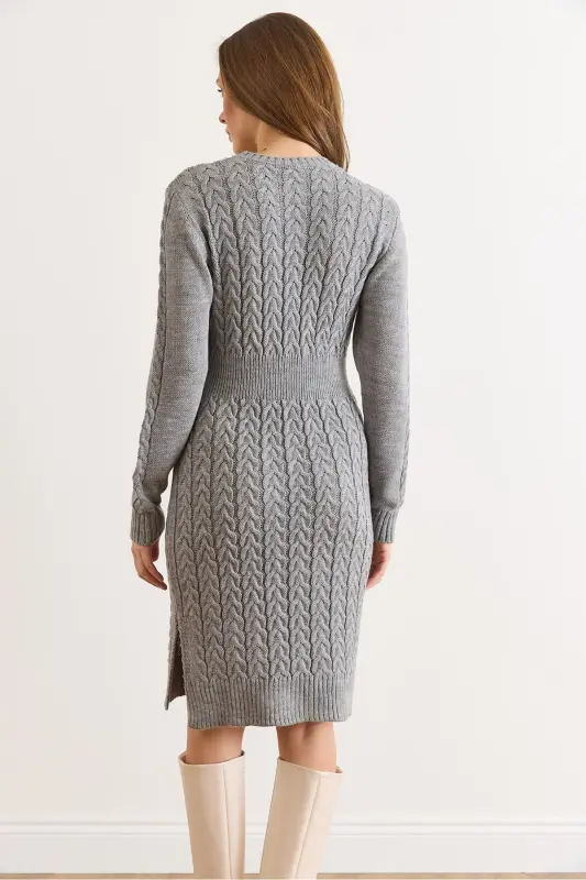 Kadın Gri Beli Bantlı Yırtmaçlı Saç Örgü Mini Elbise ELB-19002289-Gri - 3