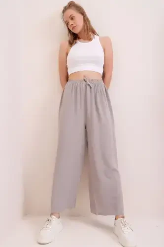 Kadın Gri Beli Lastikli Rahat Kesim Aerobin Pantolon-GRİ - TREND ALAÇATI STILI (1)