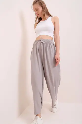 Kadın Gri Beli Lastikli Rahat Kesim Aerobin Pantolon - GRİ - 5
